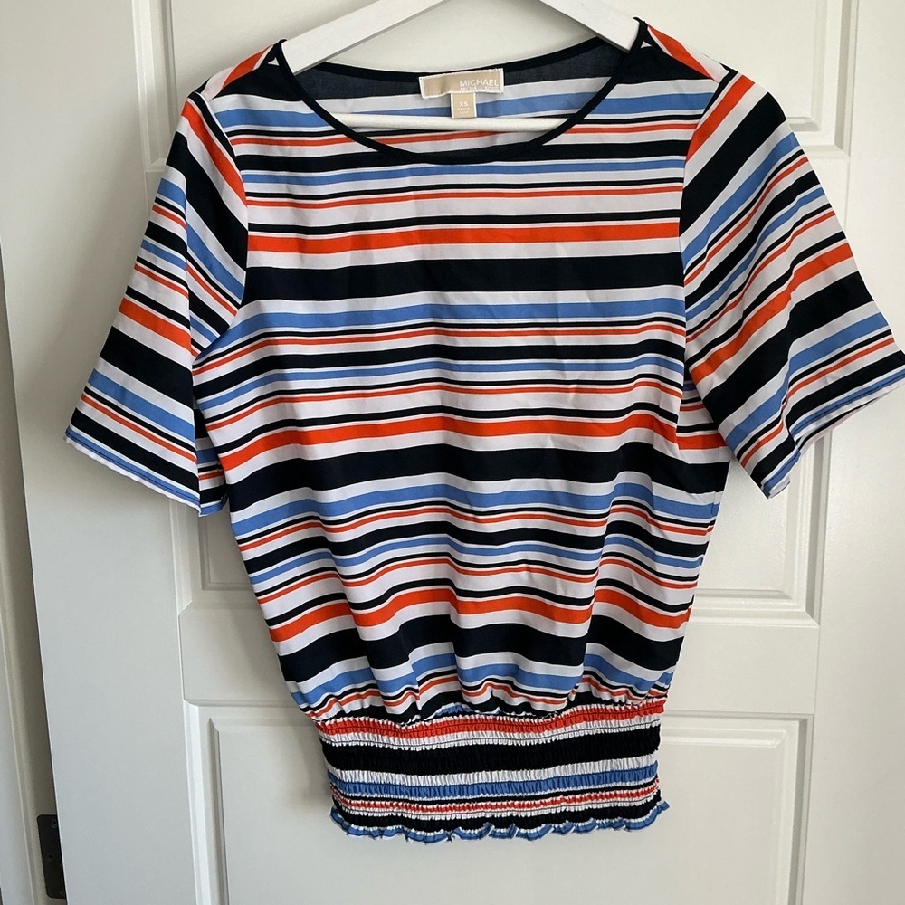 Michael Kors Navy, Red & Light Blue Striped Short Sleeve Top